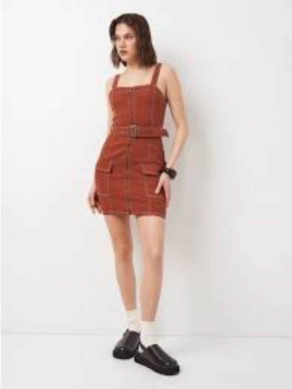 H&M Burnt Orange Denim Cargo Mini Dress with Front Zip